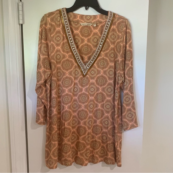 Soft Surroundings Lillia Beaded Stretch V Neck Print Tunic Top 3/4 Sleeves Sz XL - Picture 2 of 11